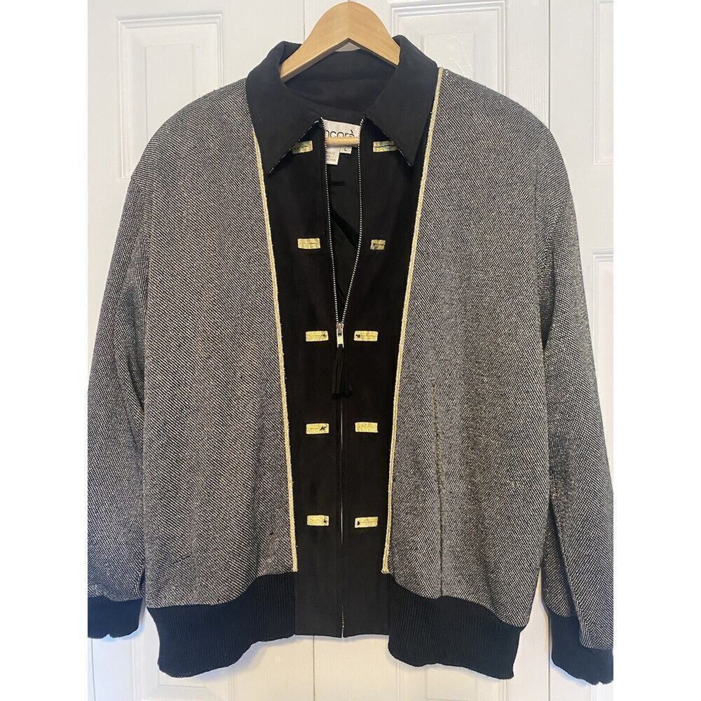 Ancora Jacket 80s Black Gold Suede Sweater Bottom Zip up Vintage Wool Tweed Lg
